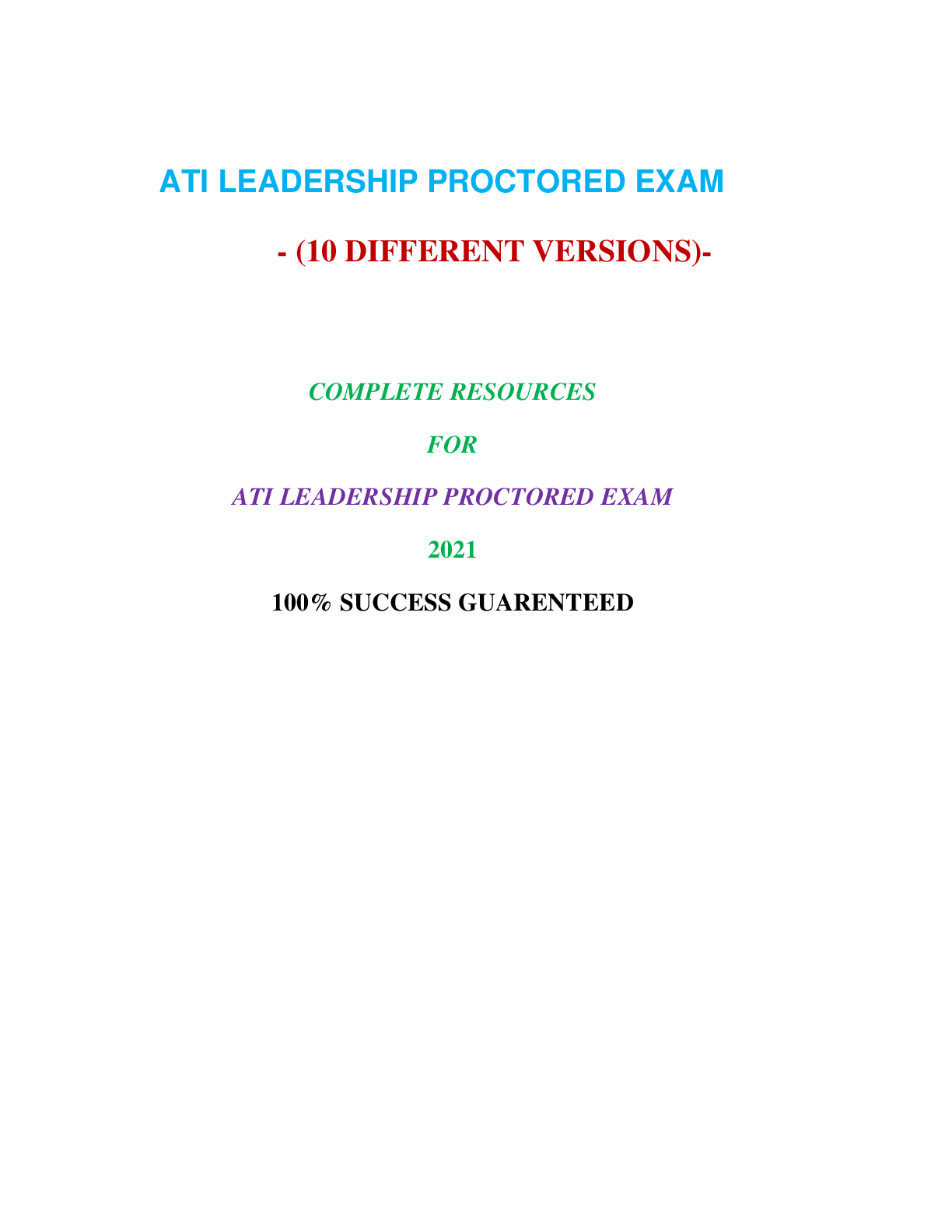 Preview image for ATI LEADERSHIP PROCTORED EXAM  ( 10 VERSIONS) |Verified and 100% Correct Q & A, Complete Document for ATI Exam|